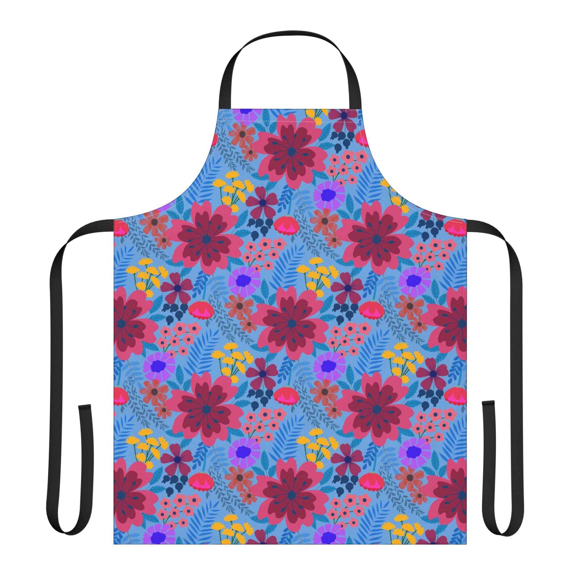 Floral Apron: A stylish, full-coverage kitchen apron with a vibrant floral print, featuring black ties. Made of soft, stain-free polyester canvas, perfect for cooking or crafting, embodying FireBrook Essentials' joyful design ethos.