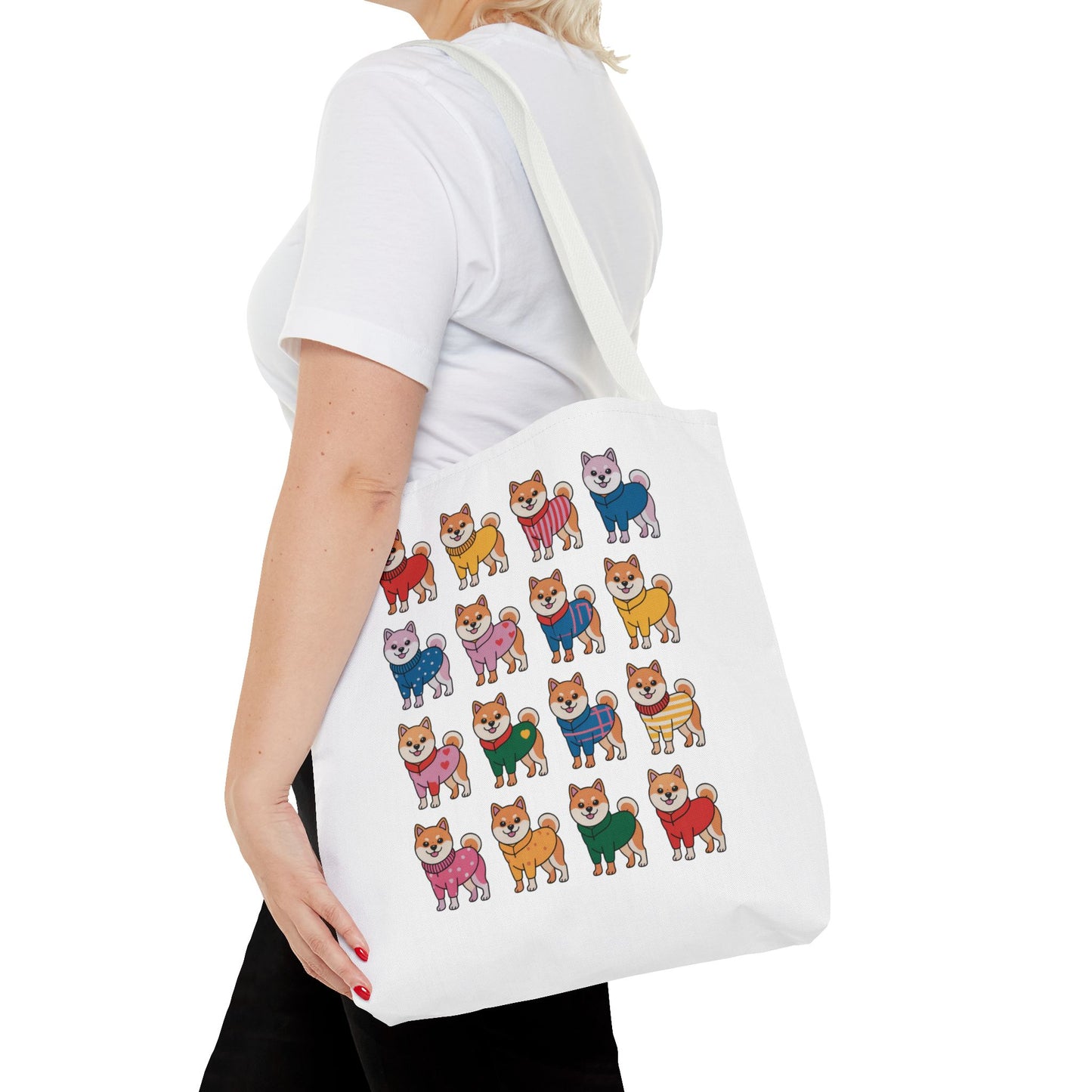 Shiba Inu Grid Tote Bag with Colorful Outfits features adorable Shiba Inus in unique outfits, perfect for adding a whimsical touch to errands. Durable polyester with reinforced handles for dog lovers.