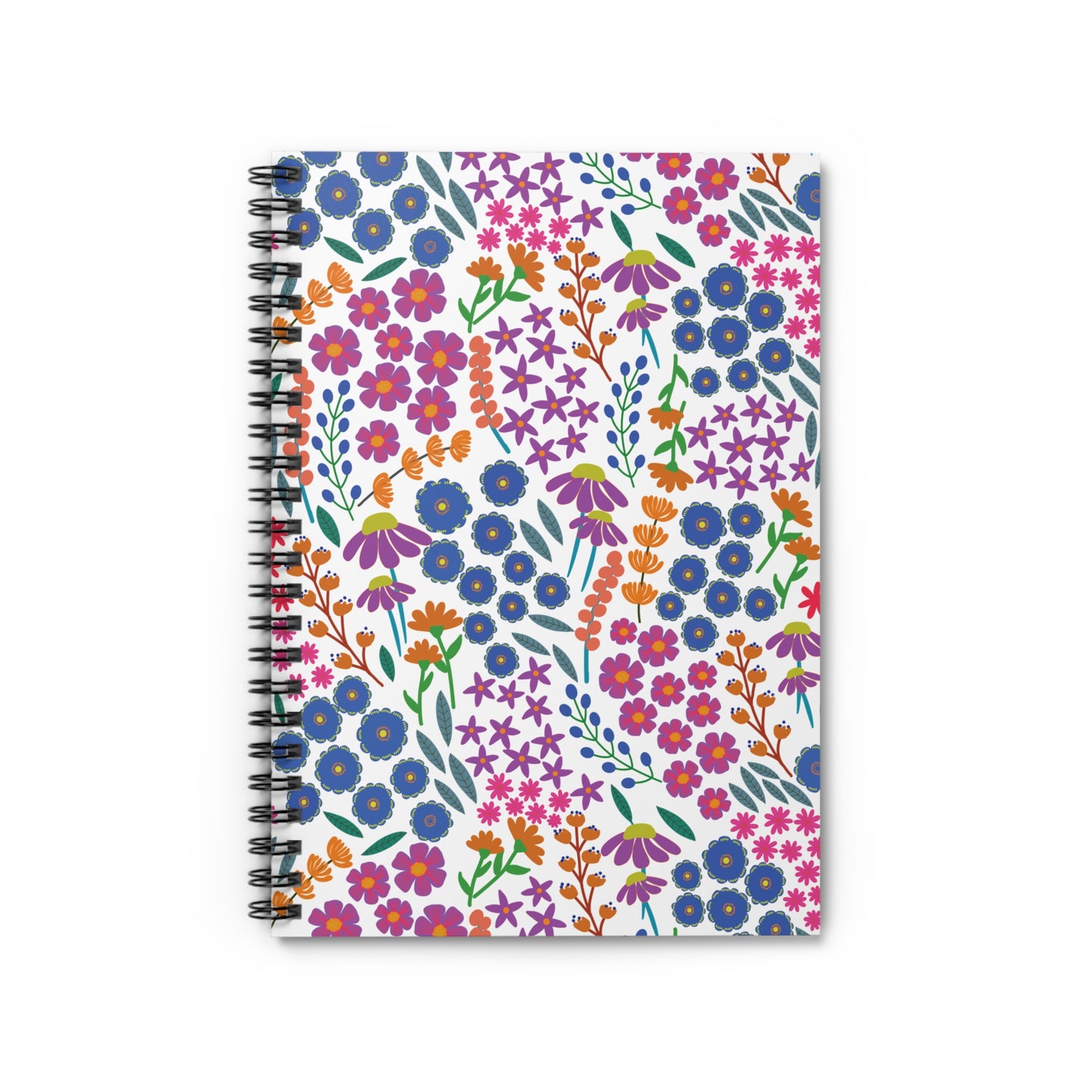 Floral Spiral Notebook featuring a vibrant, stylized floral pattern with blue, pink, orange, and purple flowers, and green leaves on the cover. Ideal for creative note-taking and journaling.