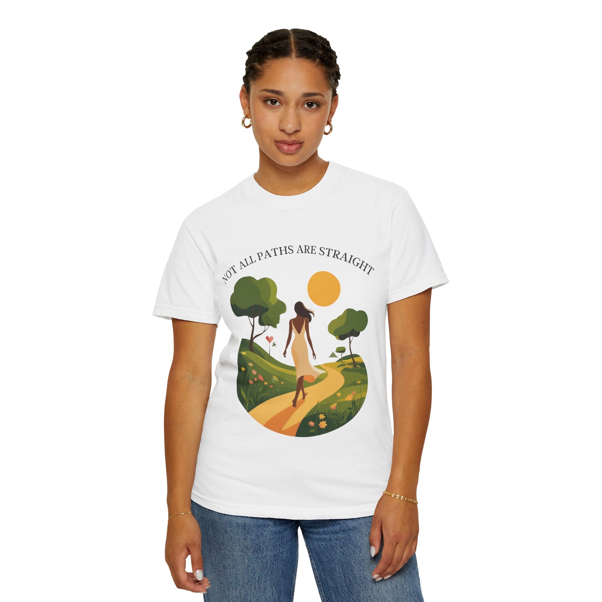 Inspirational Message T-Shirt featuring a woman wearing it, showcasing a relaxed fit and crew neckline, perfect for casual outings and daily wear.