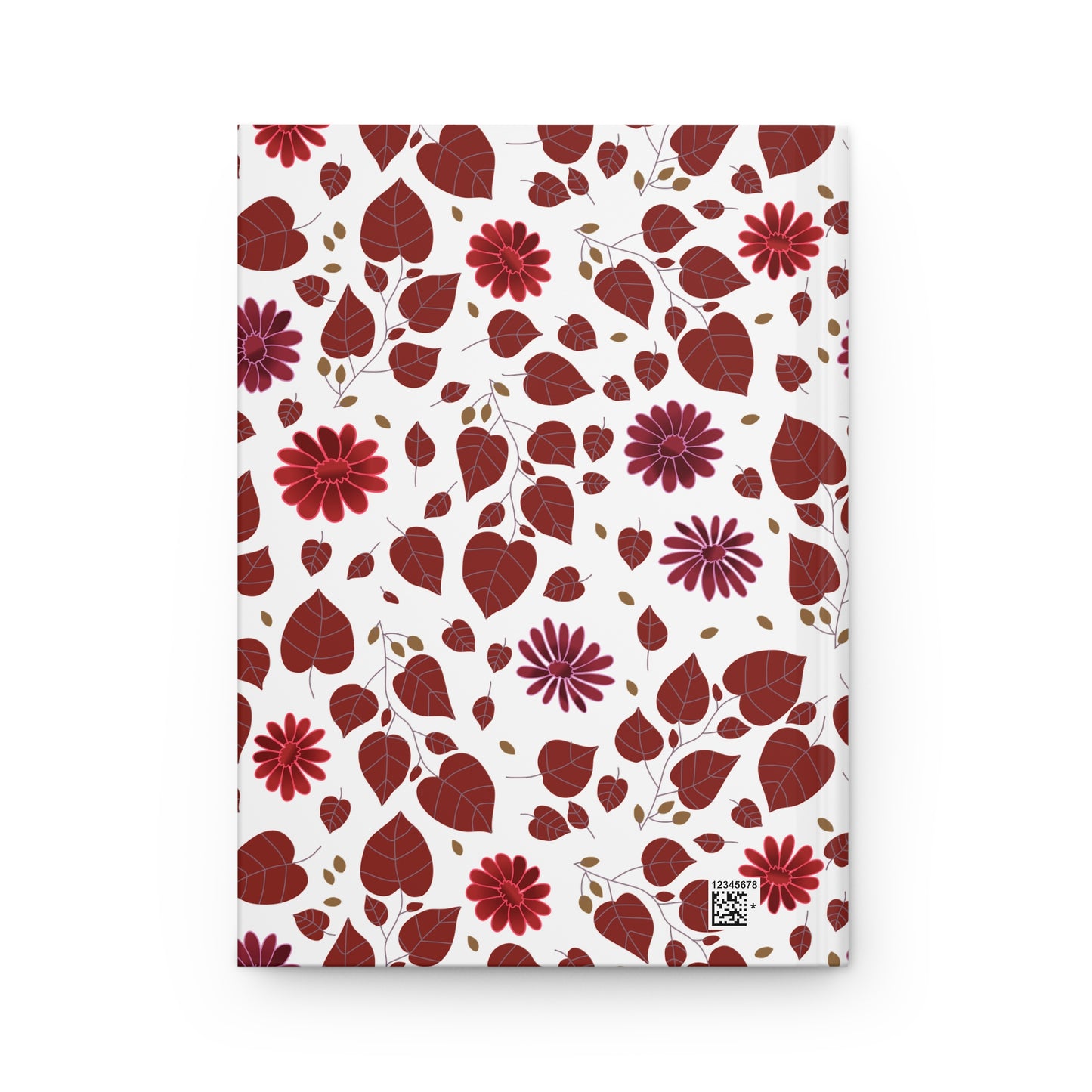 HARDCOVER JOURNAL, MATTE, RULES, 5X7, SEWN BIND, CLEAN-TEAR PAGES, featuring a vibrant floral pattern with heart-shaped leaves and daisy-style flowers, complemented by a tiny QR code on the back.