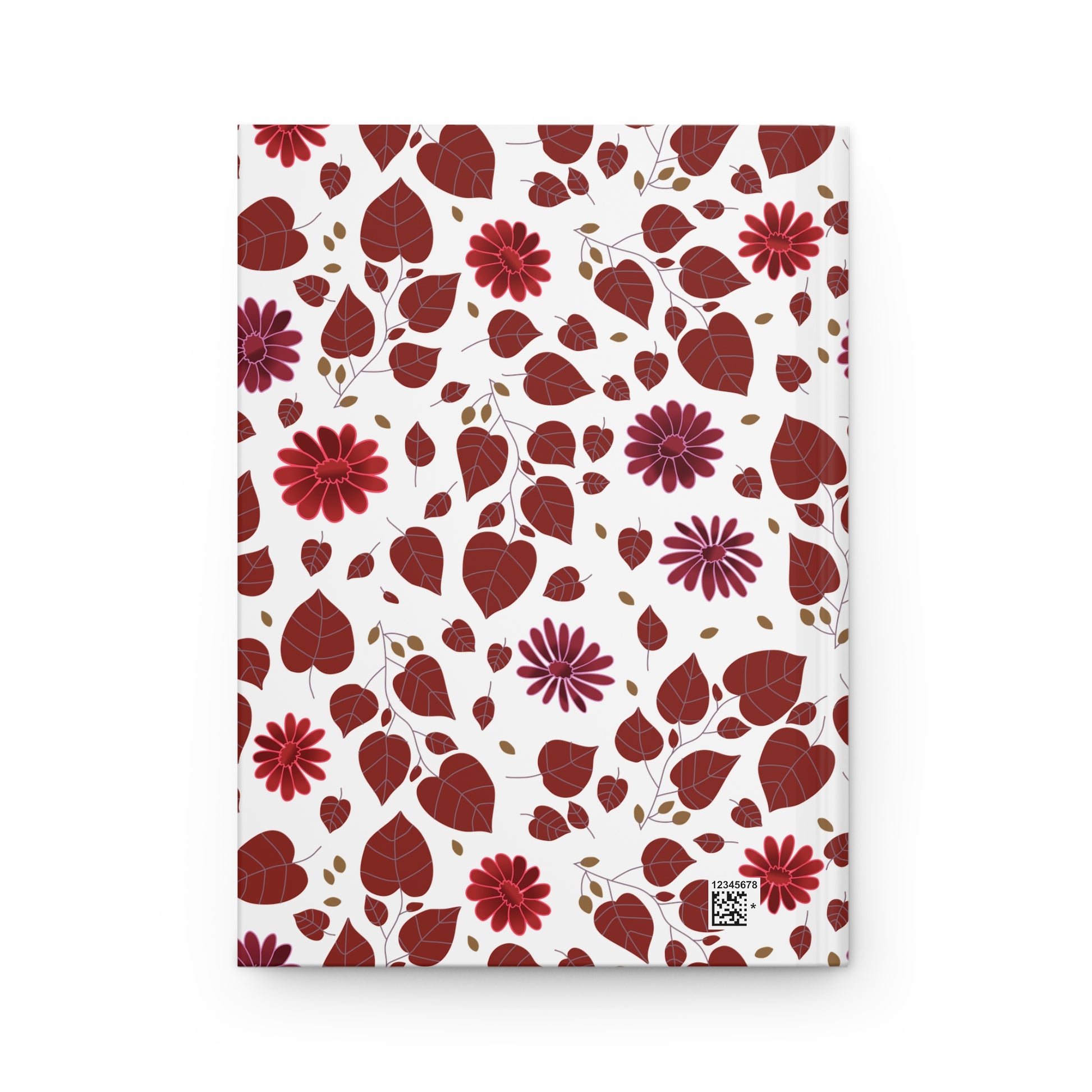 HARDCOVER JOURNAL, MATTE, RULES, 5X7, SEWN BIND, CLEAN-TEAR PAGES, featuring a vibrant floral pattern with heart-shaped leaves and daisy-style flowers, complemented by a tiny QR code on the back.