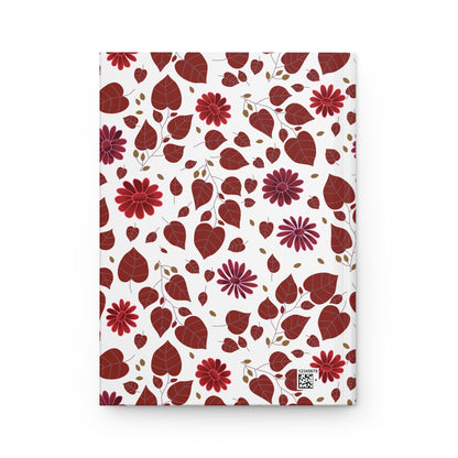 HARDCOVER JOURNAL, MATTE, RULES, 5X7, SEWN BIND, CLEAN-TEAR PAGES, featuring a vibrant floral pattern with heart-shaped leaves and daisy-style flowers, complemented by a tiny QR code on the back.