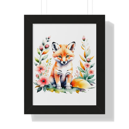 Baby Fox Wall Art featuring a whimsical watercolor illustration of a fox surrounded by flowers, perfect for nurseries. Framed for easy hanging, adding charm and joy to children's spaces.