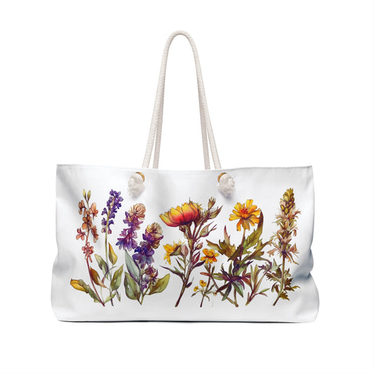 Weekender Bag Wildflowers: a stylish tote featuring a close-up design of wildflowers, embodying elegance and whimsy, ideal for nature lovers and travel enthusiasts seeking a joyful and practical accessory.