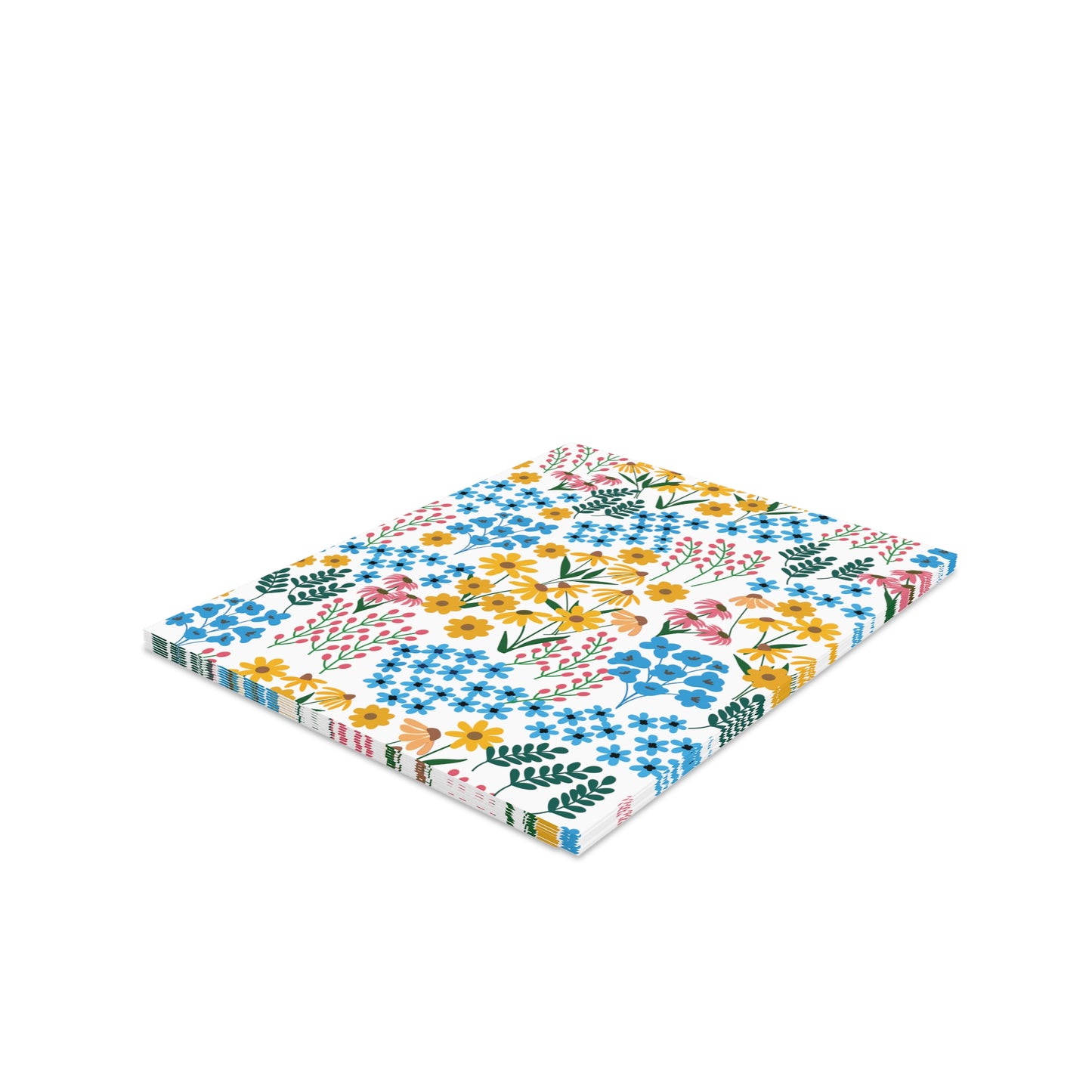 Floral Greeting Cards — Pack of 8/16/24 feature a ditsy floral pattern with blue, yellow, and pink flowers, reflecting a vibrant springtime energy, perfect for personal messages. Each card includes a matching envelope.