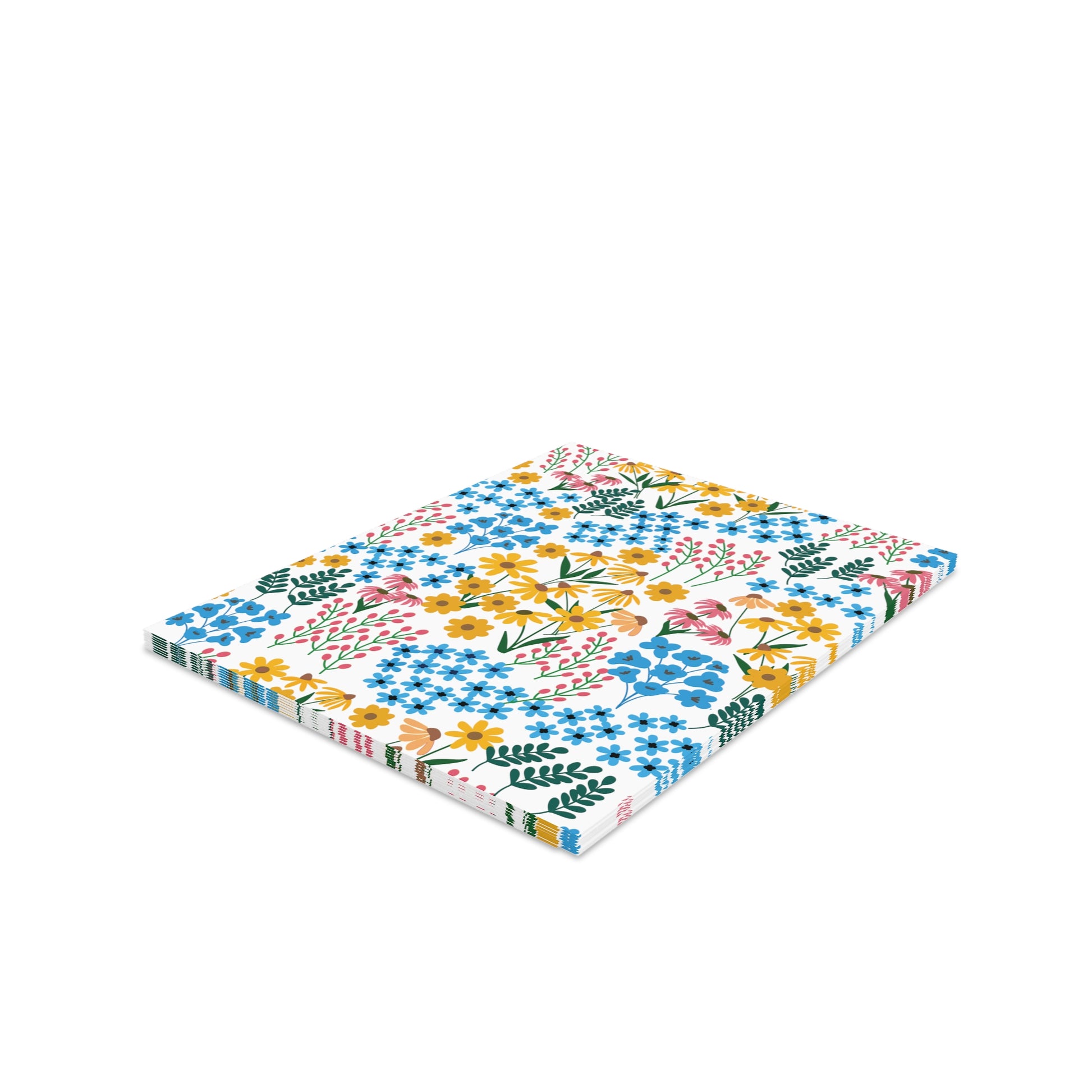 Floral Greeting Cards — Pack of 8/16/24 feature a ditsy floral pattern with blue, yellow, and pink flowers, reflecting a vibrant springtime energy, perfect for personal messages. Each card includes a matching envelope.