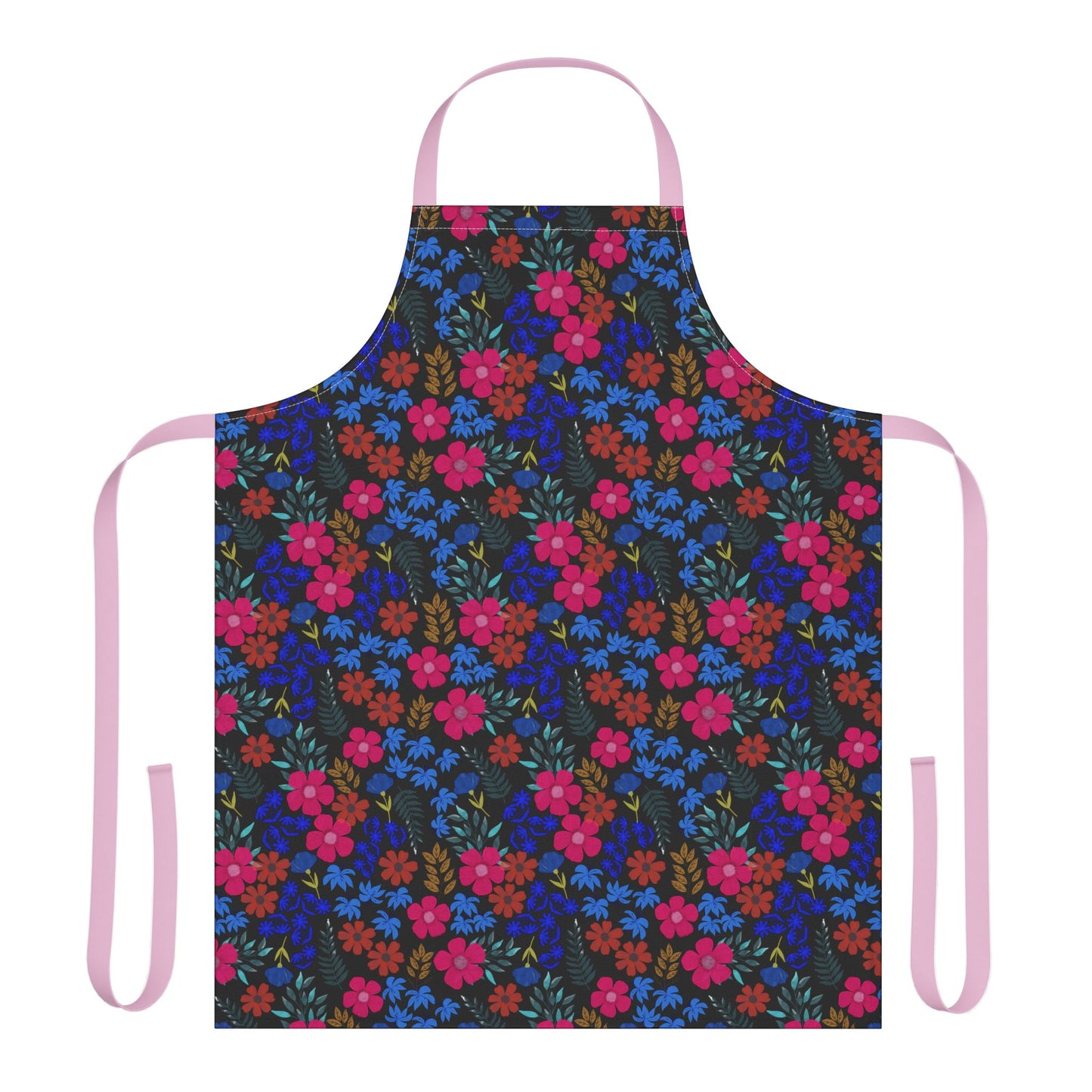Apron Floral Design with vibrant red, magenta, and blue blossoms on dark fabric, featuring pale pink straps. Made from soft, stain-free polyester canvas, ideal for adding charm to culinary activities.