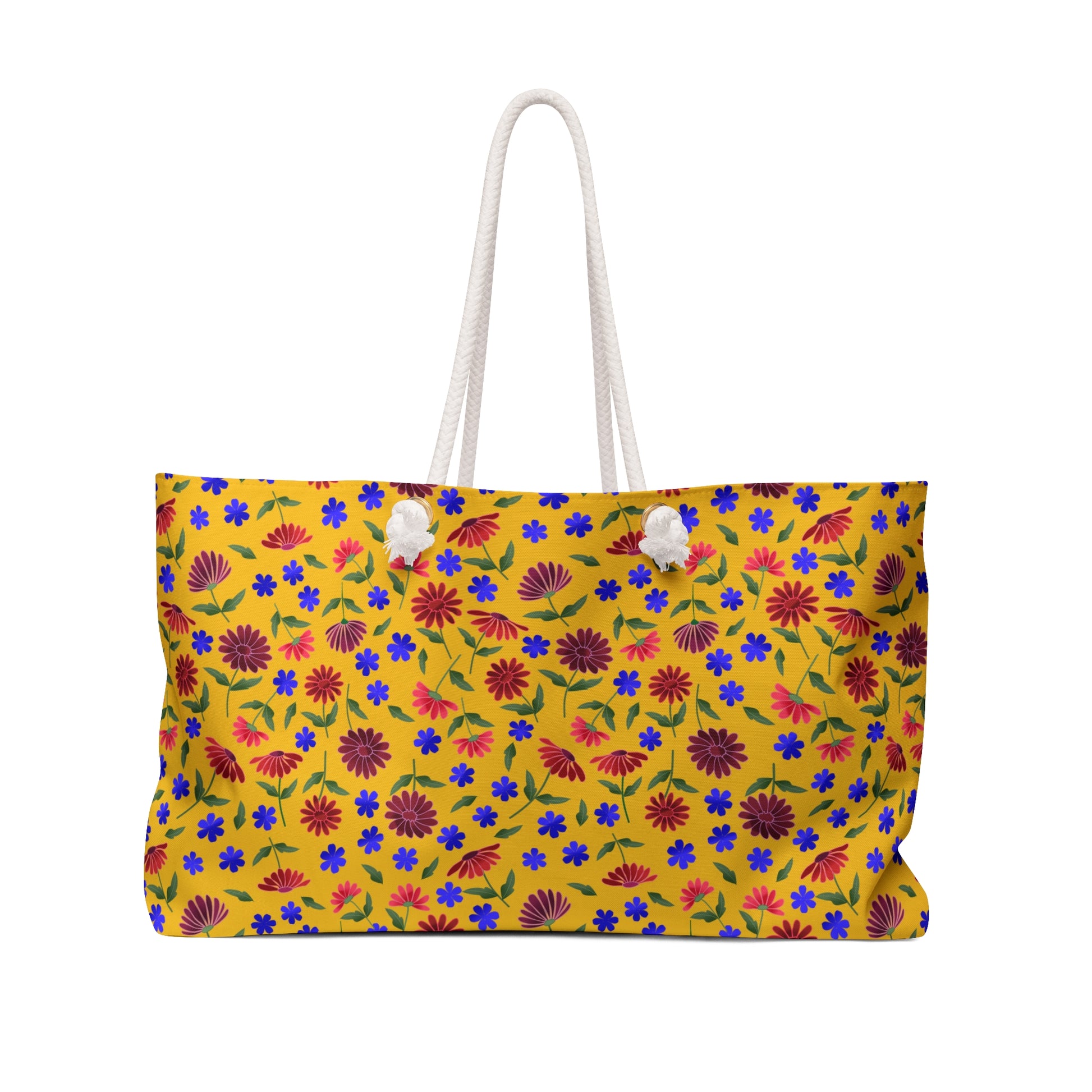 Yellow Floral Weekender Bag — Bright Boho Travel Tote features vibrant daisies and blue blooms on a golden background, with soft cream rope handles and a structured base for stylish, cheerful travel.