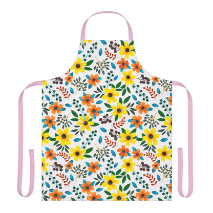 Floral Apron: A full-coverage kitchen apron featuring a vibrant floral pattern with pink straps, crafted from stain-free polyester canvas for comfort and style, ideal for cooking or crafting.