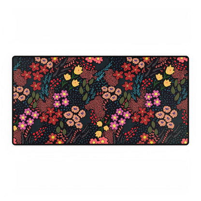 Desk Mat - Midnight Garden Floral Pattern: A vibrant, hand-drawn floral mouse pad featuring colorful blossoms and foliage, designed for nature lovers to enhance desk setups with a touch of joyful elegance.