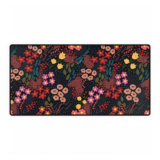 Desk Mat - Midnight Garden Floral Pattern: A vibrant, hand-drawn floral mouse pad featuring colorful blossoms and foliage, designed for nature lovers to enhance desk setups with a touch of joyful elegance.