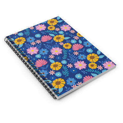 Floral Spiral Notebook with vibrant floral patterns on a deep blue cover, designed for creativity and organization. Ideal for students and professionals seeking stylish, functional note-taking.