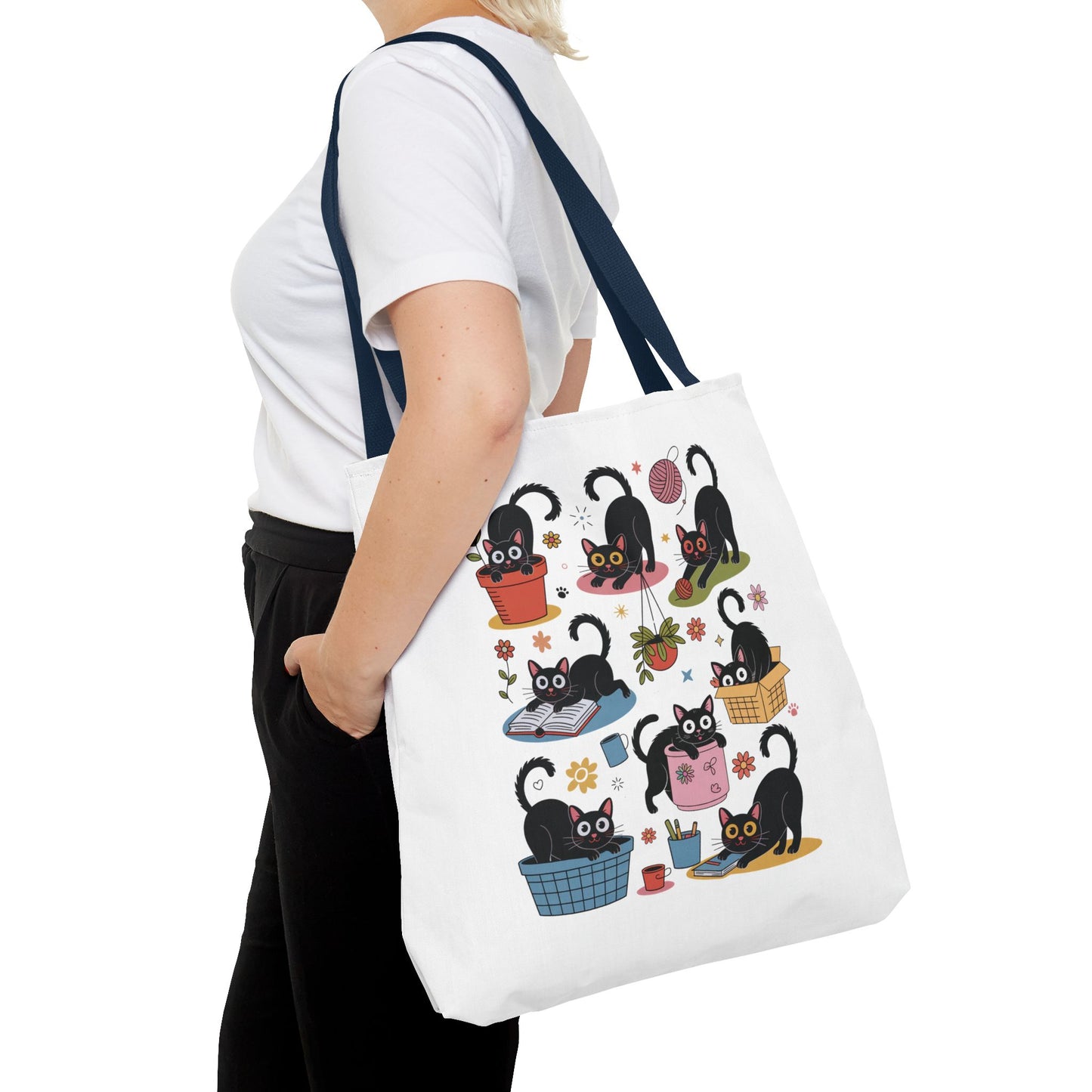 Cat Tote Bag - Curious Cat Design featuring a whimsical cat illustration. Ideal for daily use, this durable bag adds a quirky charm to errands and outings, aligning with FireBrook Essentials' joyful, stylish ethos.