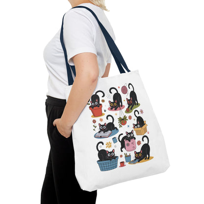 Cat Tote Bag - Curious Cat Design featuring a whimsical cat illustration. Ideal for daily use, this durable bag adds a quirky charm to errands and outings, aligning with FireBrook Essentials' joyful, stylish ethos.