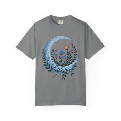Crescent Moon with Flowers T-Shirt showcasing a bohemian, dreamy design. Features durable double-needle stitching and a relaxed fit, perfect for casual wear or special gatherings, embodying FireBrook Essentials' uplifting style.