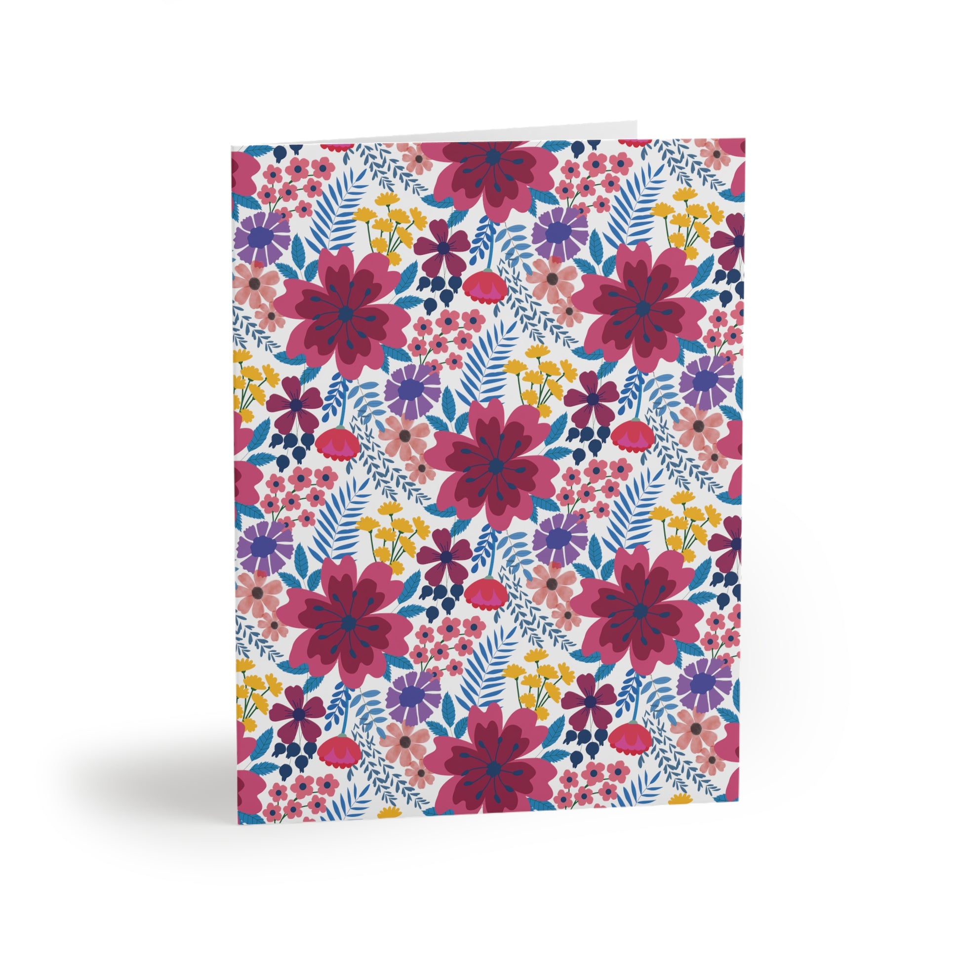 Floral Wildflower Greeting Cards — Pack of 8/16/24, showcasing a vibrant, hand-drawn floral pattern with magenta blooms and navy centers, perfect for bringing cheerful, garden-inspired elegance to any message.