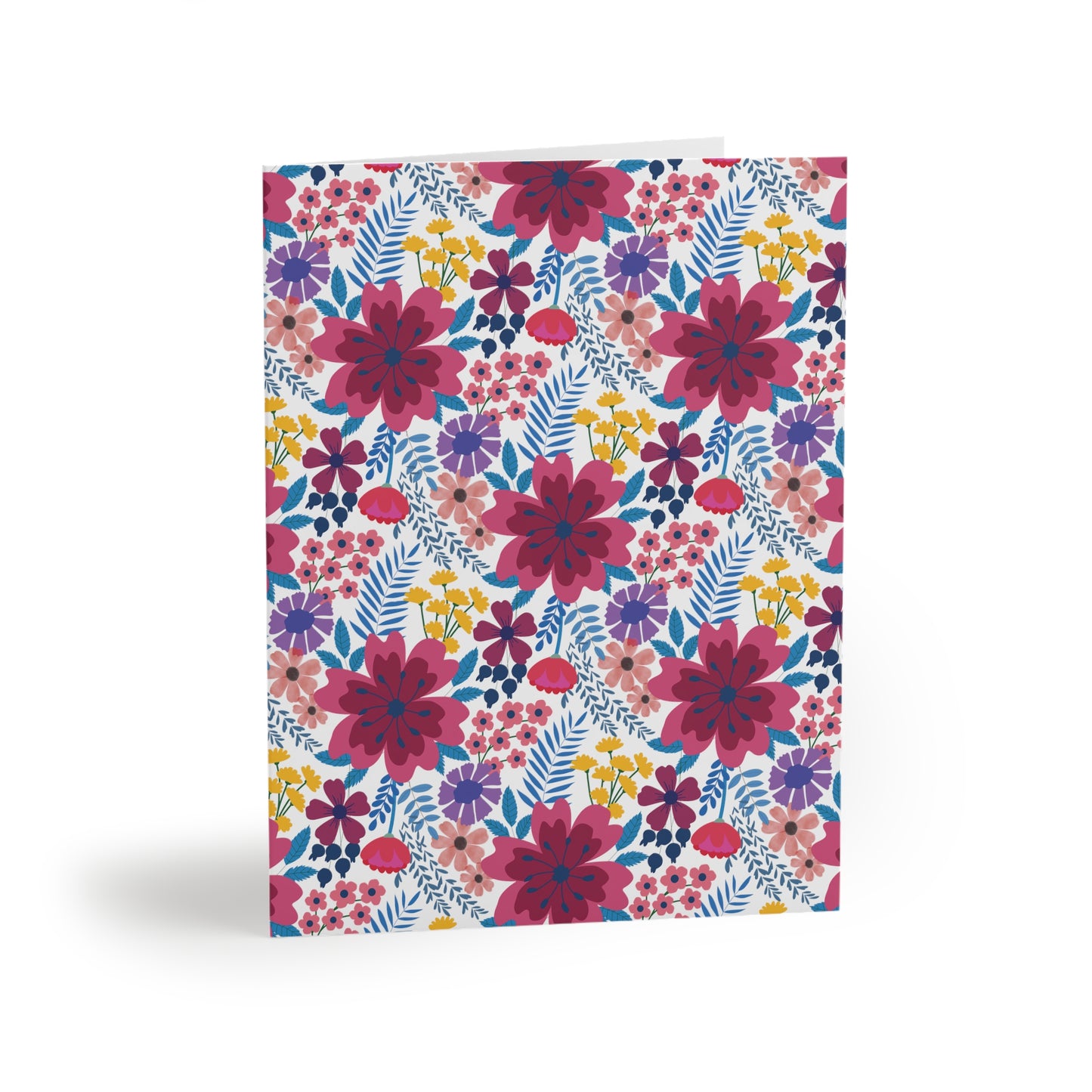 Floral Wildflower Greeting Cards — Pack of 8/16/24 feature a vibrant, hand-drawn floral pattern with magenta blossoms and blue-green leaves, offering a fresh, joyful touch for any occasion.