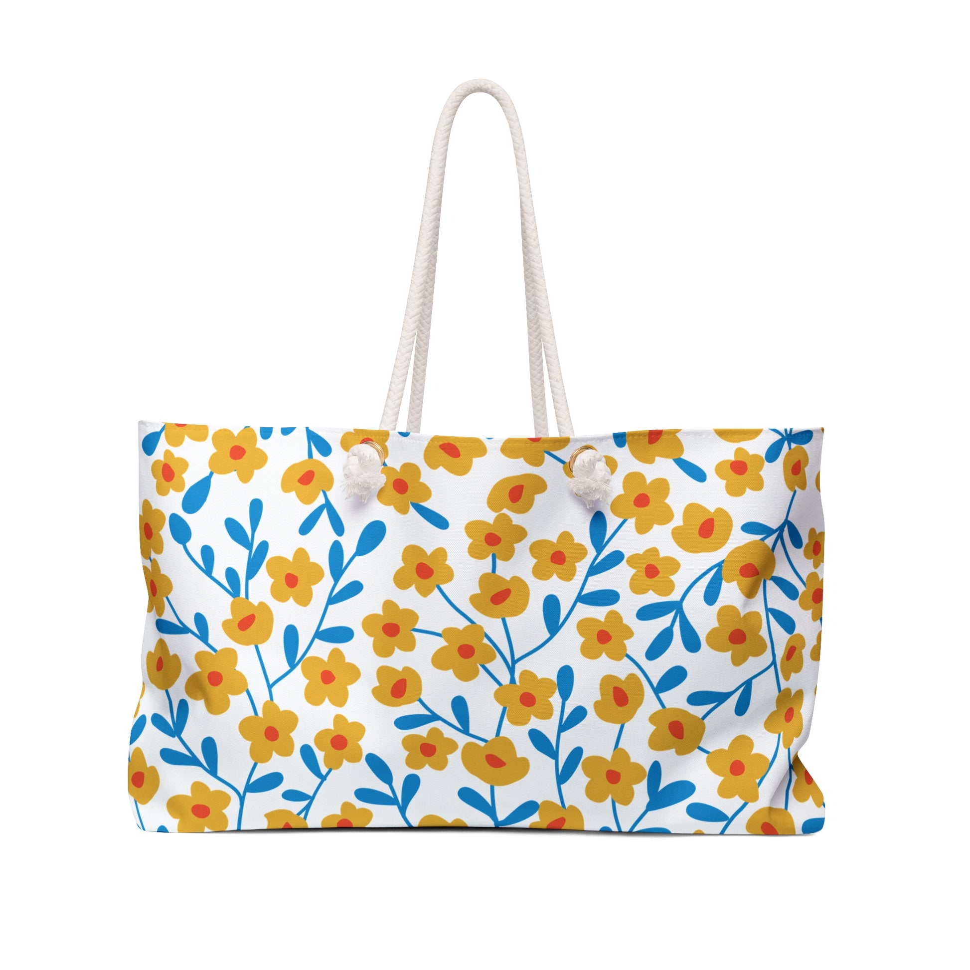 Weekender Bag featuring a stylized floral pattern with mustard-yellow flowers, reddish centers, and blue stems on a white background. Equipped with sturdy white rope handles, this spacious bag is perfect for stylish getaways.