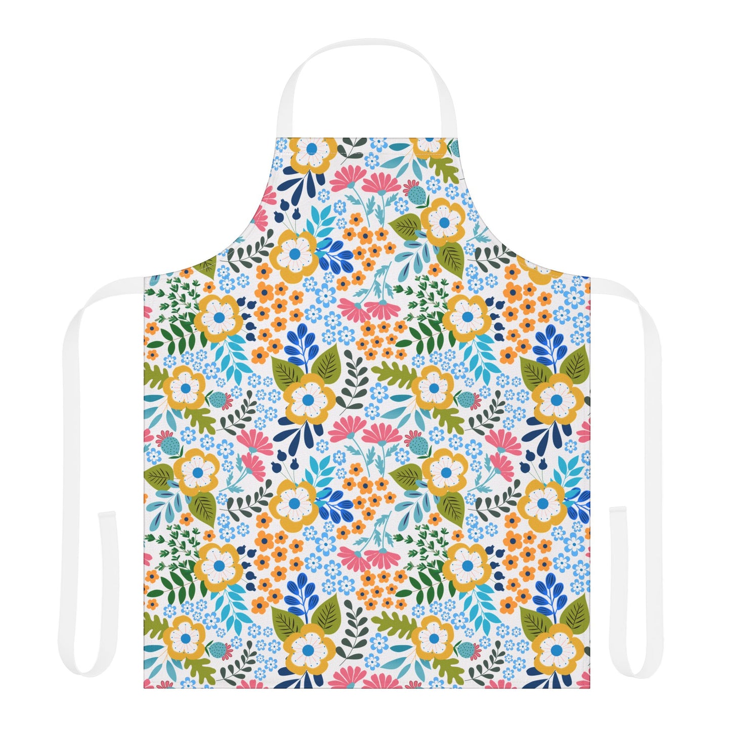 Floral Apron features a vibrant floral pattern with yellow, pink, and blue clusters on a white background. It includes white straps, offering a stylish and practical choice for culinary and craft activities.