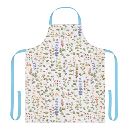 Apron, Wildflower Design, 5-Color Straps: Close-up of a stylish apron showcasing a wildflower pattern, suitable for cooking or art. Features comfortable tie-back closure and vibrant, stain-resistant polyester canvas.