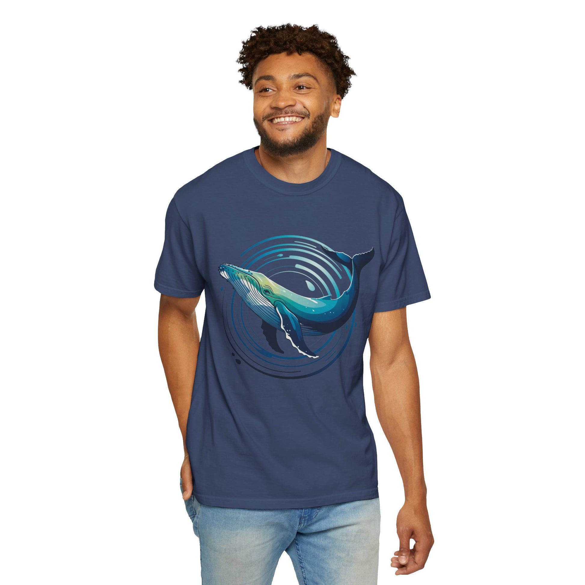Ocean Wave with Humpback Whale Fin Design T-Shirt showcases an abstract ocean scene with a stylized whale fin, embodying movement and depth, perfect for casual wear or marine-themed events.