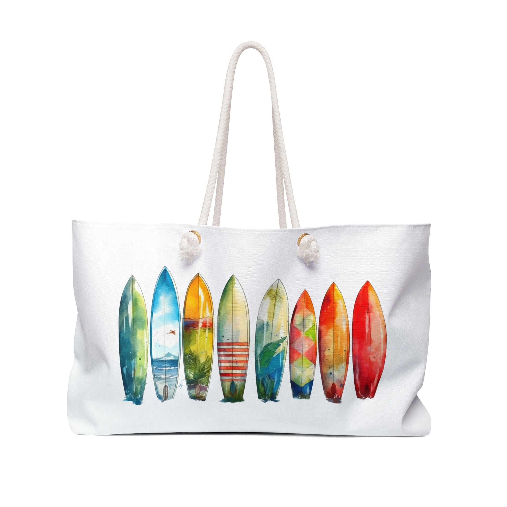 Weekender Bag featuring surfboard design; close-up shows rope handles with gold grommets, emphasizing its beachy theme. Spacious, ideal for coastal getaways, aligning with FireBrook Essentials' uplifting, stylish lifestyle offerings.