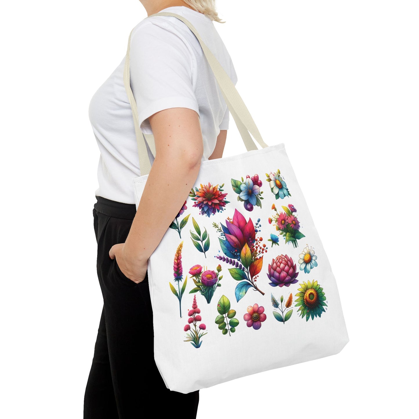 Floral Tote Bag featuring colorful flower design, ideal for everyday use. Durable polyester with reinforced stitching, perfect for nature lovers seeking stylish functionality.