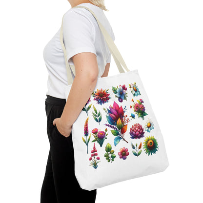 Floral Tote Bag featuring colorful flower design, ideal for everyday use. Durable polyester with reinforced stitching, perfect for nature lovers seeking stylish functionality.