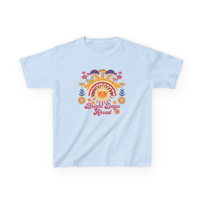 Bright Days Ahead Youth Gildan Unisex T-Shirt featuring a playful graphic of a smiling sun, flowers, and cartoon mushrooms, perfect for adding joy and creativity to your child's wardrobe.
