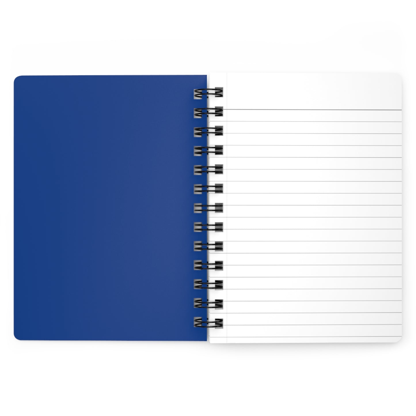 SPIRAL JOURNAL, DURABLE GLOSSY COVER, RULED, 5X7, PASTEL FIELD 002: Open notebook with a solid blue cover and lined page, featuring black wire binding for easy page removal and scanning.