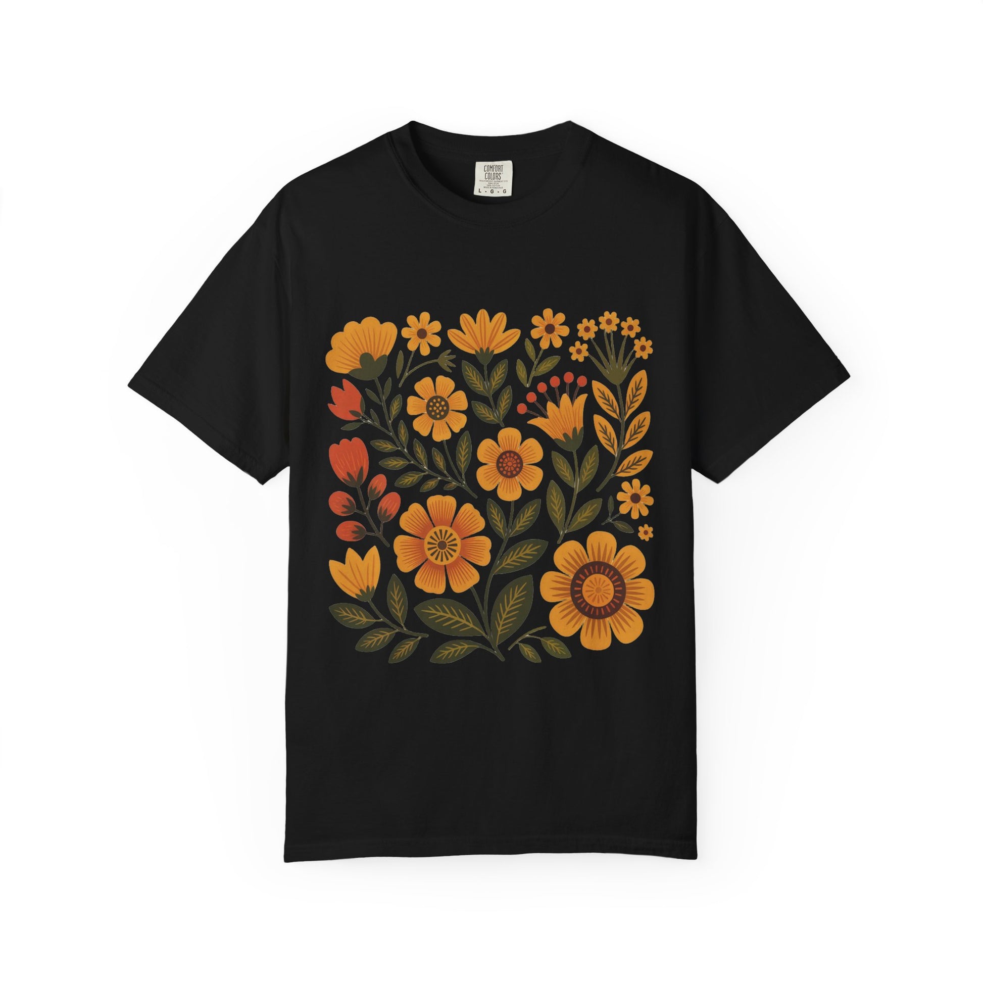 Folk Art in Warm Yellows Floral T-Shirt features a charming folk art floral pattern in warm tones, ideal for casual wear. Its relaxed fit and high-quality cotton blend comfort with artistic style.