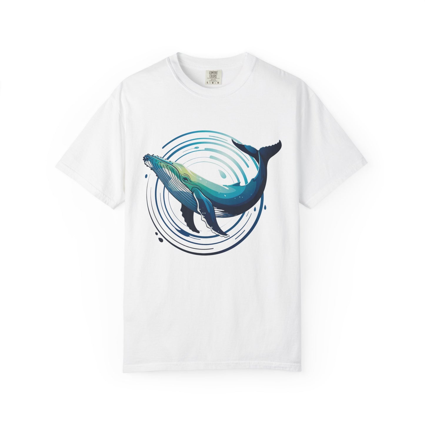 Ocean Wave with Humpback Whale Fin Design T-Shirt showcasing a dynamic abstract ocean scene with a stylized whale fin, embodying movement and depth, ideal for ocean enthusiasts and artistic expression.