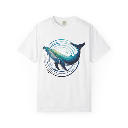 Ocean Wave with Humpback Whale Fin Design T-Shirt showcasing a dynamic abstract ocean scene with a stylized whale fin, embodying movement and depth, ideal for ocean enthusiasts and artistic expression.