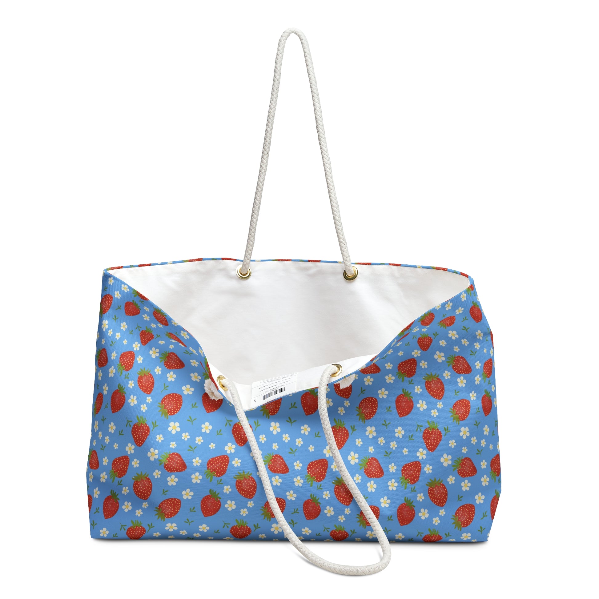 Weekender Bag with Strawberry Design featuring a vibrant strawberry pattern, perfect for travelers and vacationers. It offers ample storage with a durable polyester exterior and comfortable rope handles, ideal for joyful getaways.
