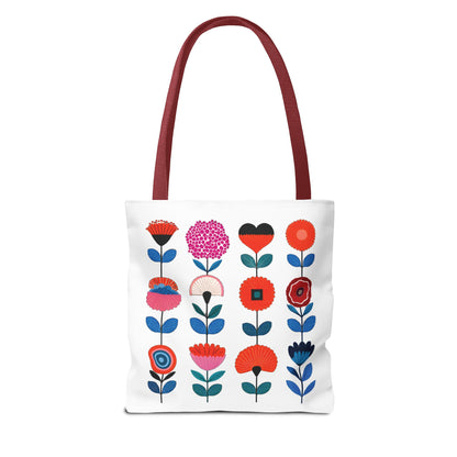 Floral Pattern Tote Bag with vibrant flower design and red handles, perfect for carrying essentials in style and comfort. Ideal for daily use and adventures.