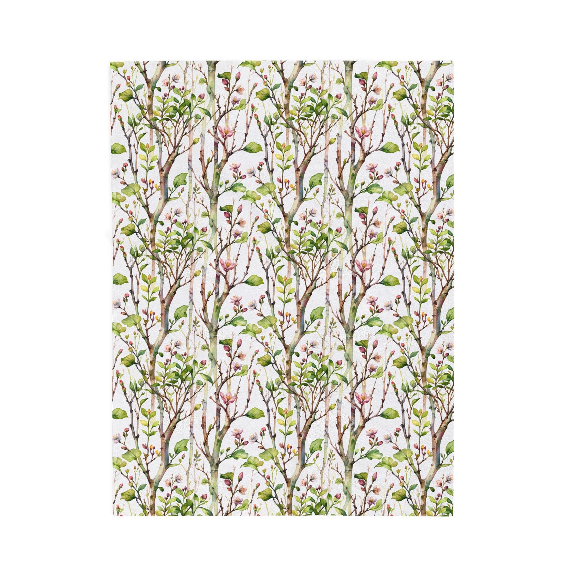 Plush Blanket - Blooming Forest Floor Design: Features a serene pattern of trees with budding leaves and flowers, reflecting FireBrook Essentials' commitment to stylish, uplifting comfort. Ideal for nature lovers.