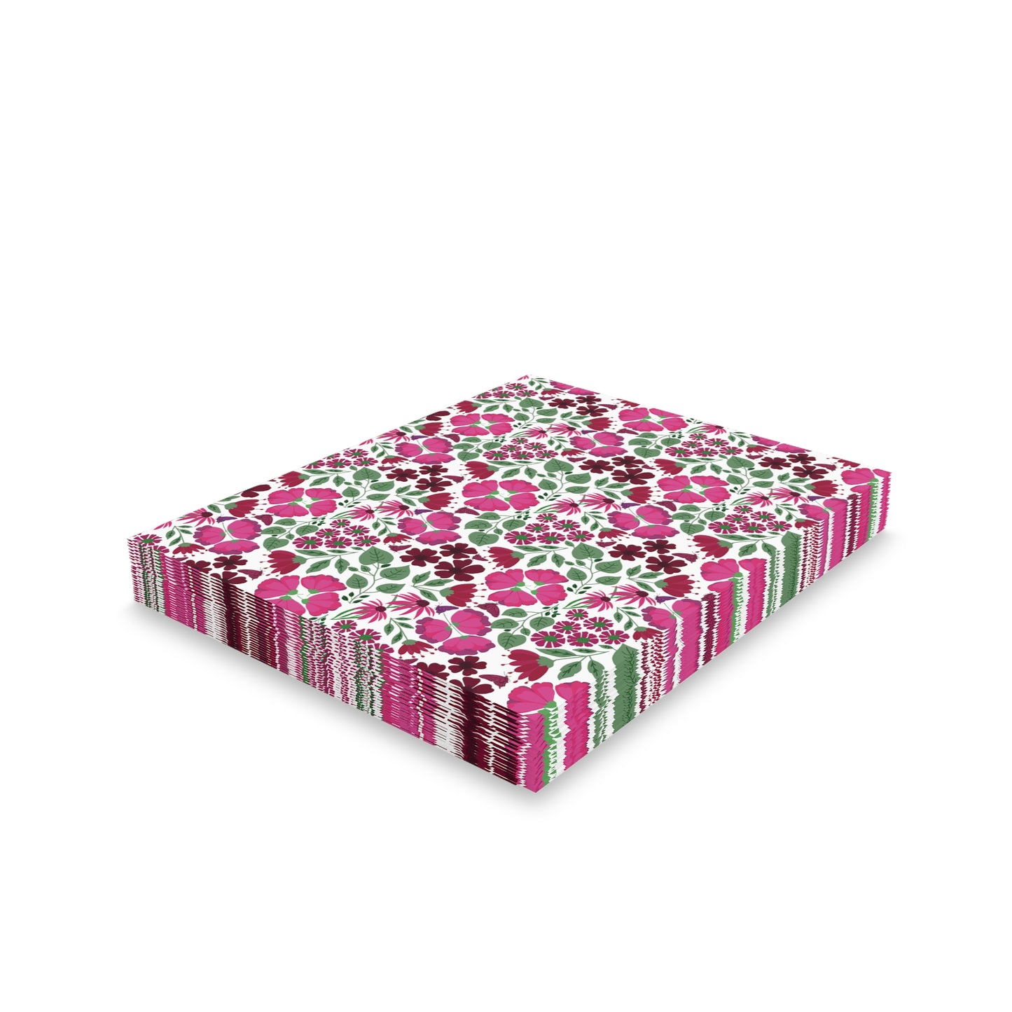 Floral Greeting Cards — Pack of 8/16/24, showcasing a neat stack with a vibrant floral pattern of pink and burgundy flowers on a matte finish, each card paired with a matching white envelope.