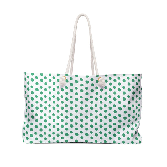 C Weekender Bag Green Polka Dots Travel Tote features a playful green polka dot design with sturdy rope handles, perfect for stylish weekend getaways and aligning with FireBrook Essentials’ uplifting ethos.