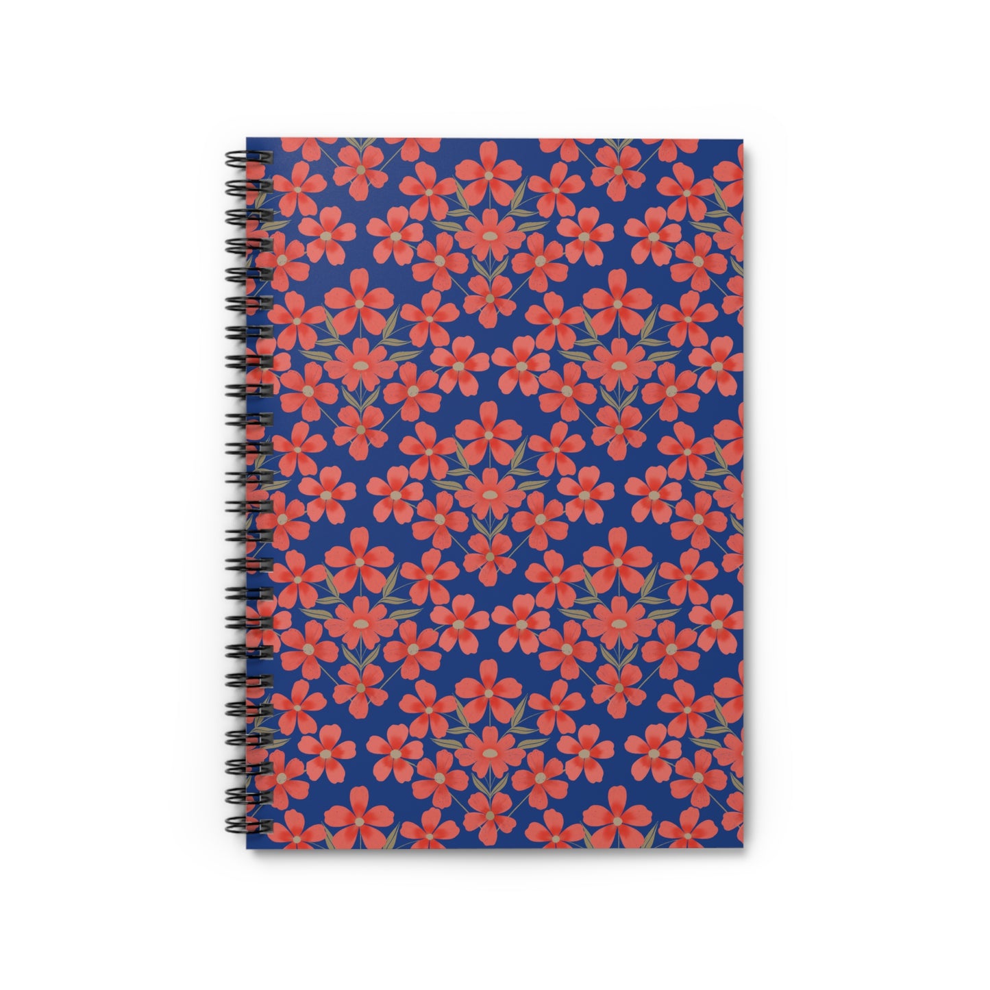 Floral Spiral Notebook with a deep navy-blue cover adorned with red-orange blossoms, featuring a black metal coil binding. Perfect for jotting notes or sketches, inspiring creativity and organization.