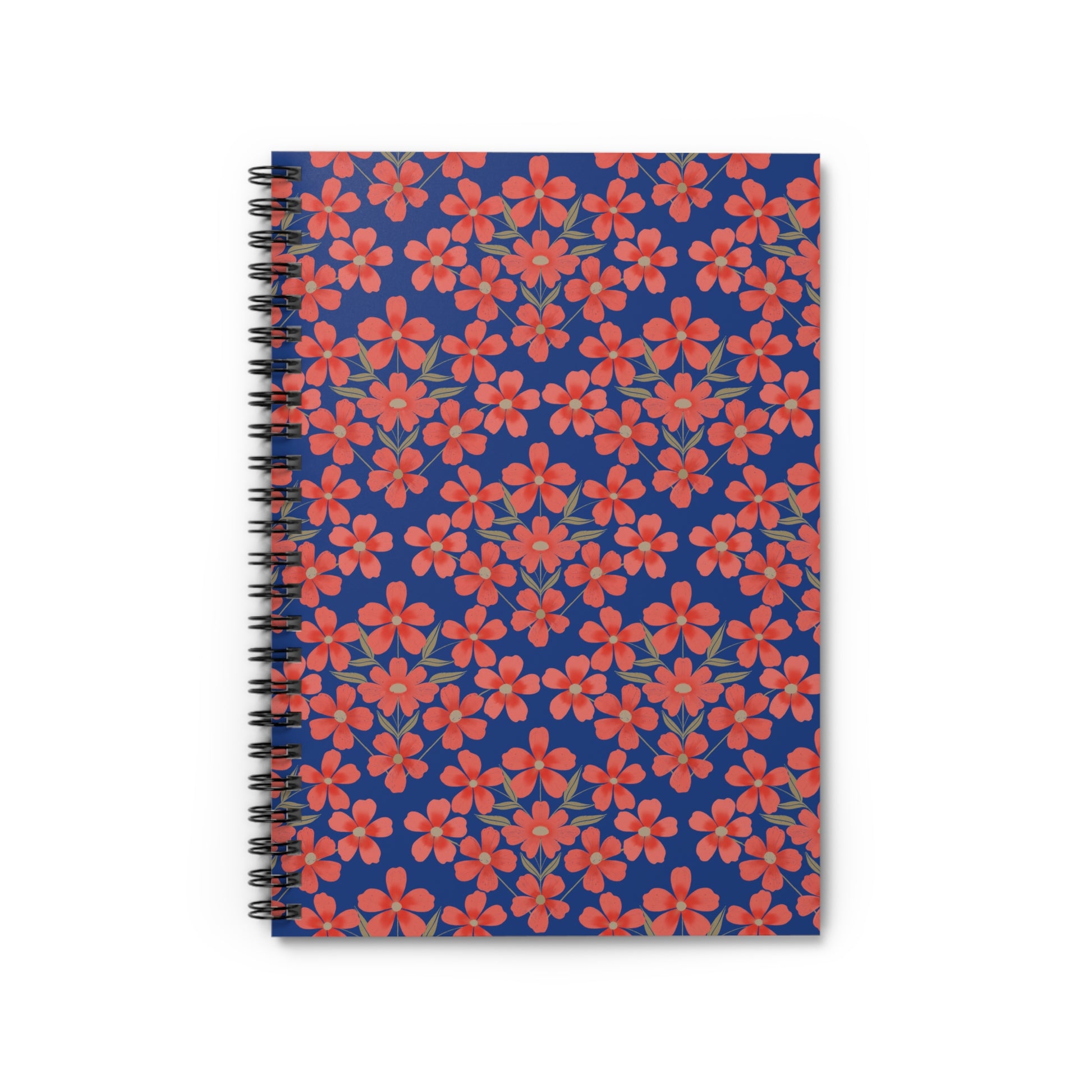 Floral Spiral Notebook with a deep navy-blue cover adorned with red-orange blossoms, featuring a black metal coil binding. Perfect for jotting notes or sketches, inspiring creativity and organization.