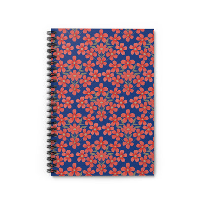Floral Spiral Notebook with a deep navy-blue cover adorned with red-orange blossoms, featuring a black metal coil binding. Perfect for jotting notes or sketches, inspiring creativity and organization.