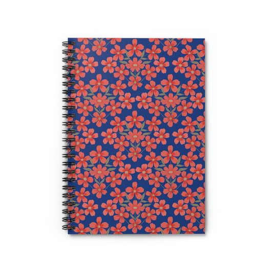Floral Spiral Notebook with a deep navy-blue cover adorned with red-orange blossoms, featuring a black metal coil binding. Perfect for jotting notes or sketches, inspiring creativity and organization.