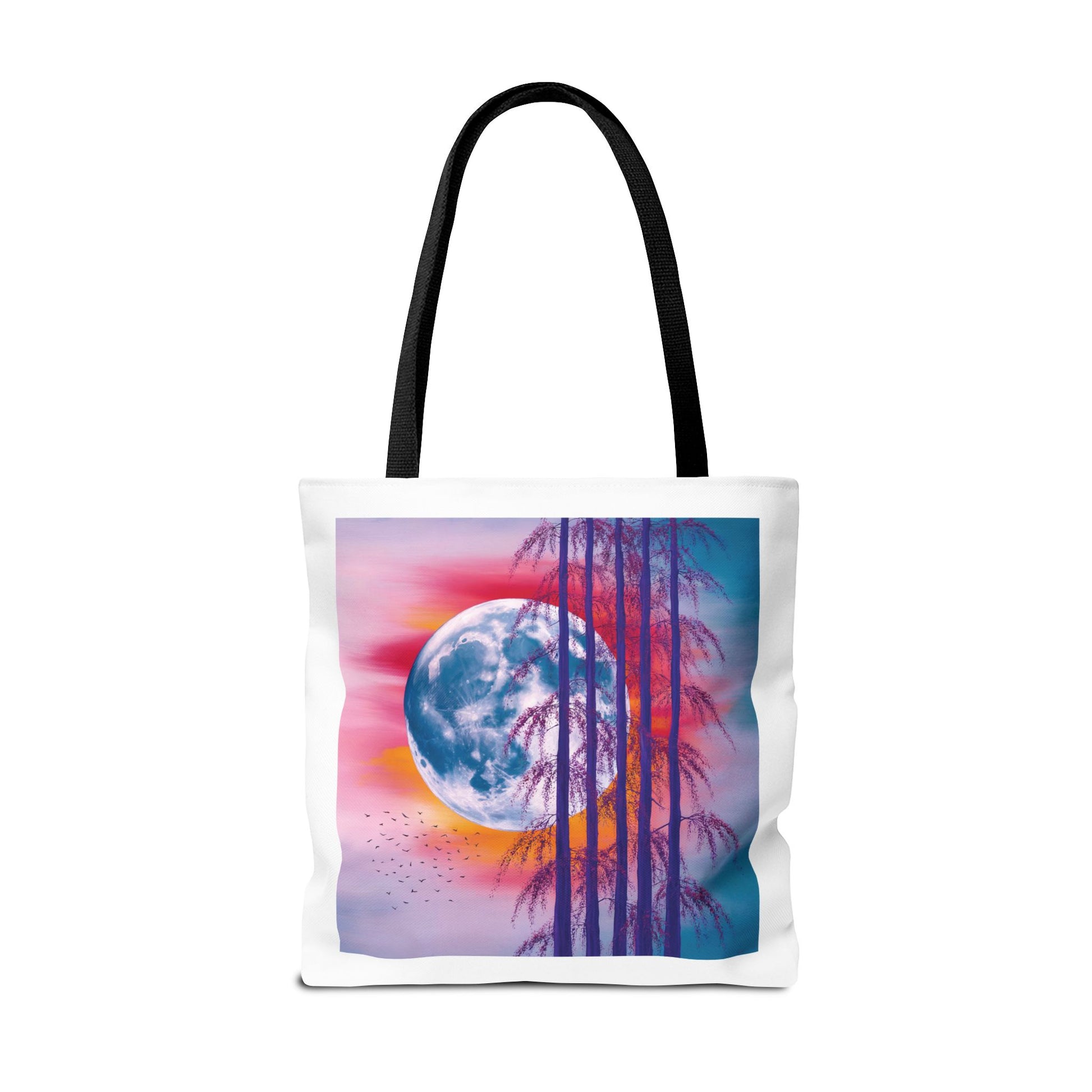 Moonlit Landscape Tote Bag featuring an abstract painting of a vibrant full moon and silhouetted trees against a fiery sunset, perfect for everyday use or gifting, embodying FireBrook Essentials' uplifting style.