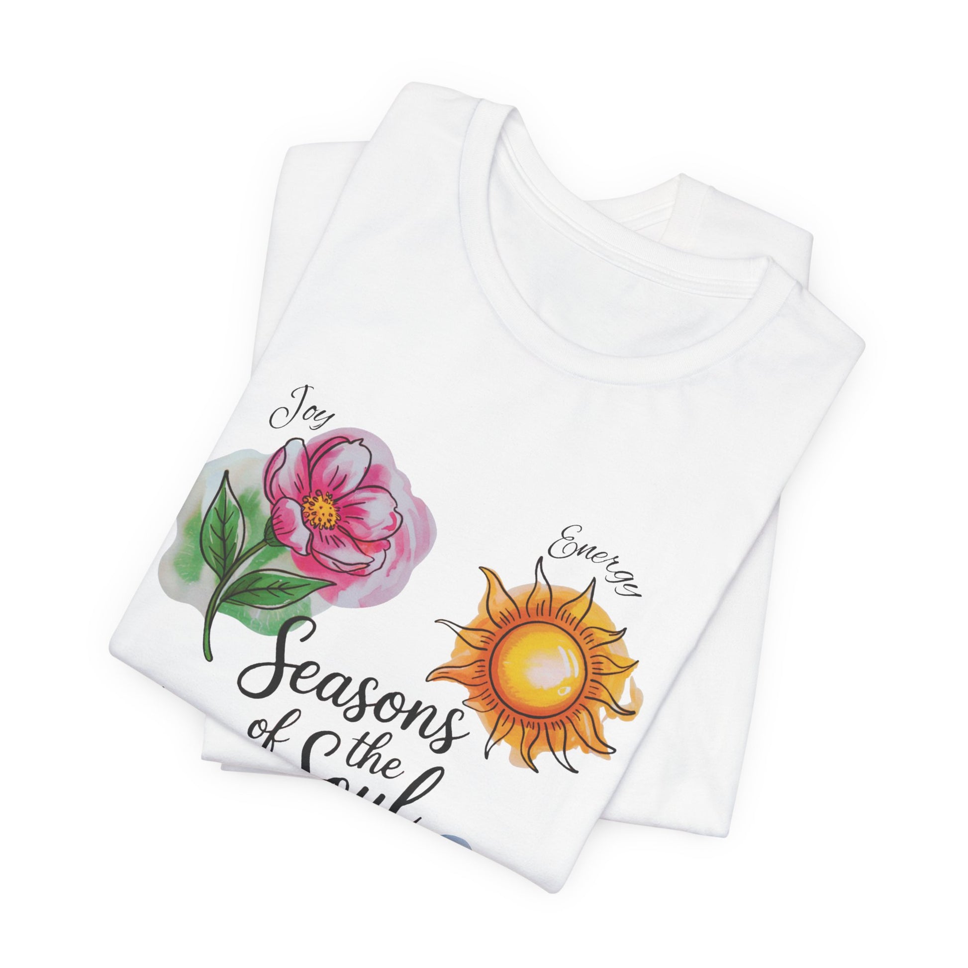 Seasons of the Soul: Joy, Energy, Wisdom & Peace T-Shirt, a unisex short-sleeve tee featuring a harmonious design, ideal for spiritual practices and everyday comfort, embodies FireBrook Essentials' uplifting style.