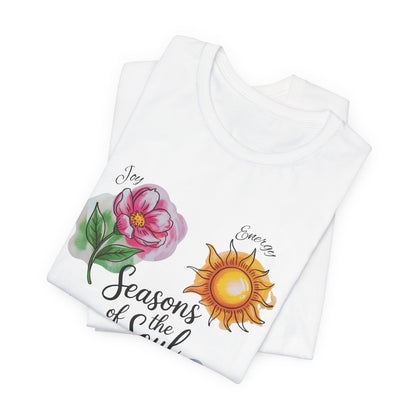 Seasons of the Soul: Joy, Energy, Wisdom & Peace T-Shirt, a unisex short-sleeve tee featuring a harmonious design, ideal for spiritual practices and everyday comfort, embodies FireBrook Essentials' uplifting style.