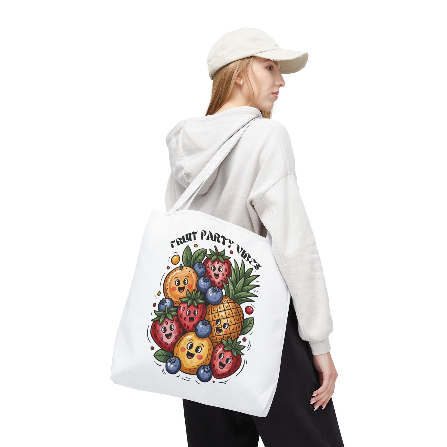 Fruit Party Tote Bag - Fun Summer Vibes, showcasing a vibrant, playful design perfect for summer outings. Features durable polyester, reinforced handles, and spacious boxed corners, aligning with FireBrook Essentials' joyful, practical ethos.
