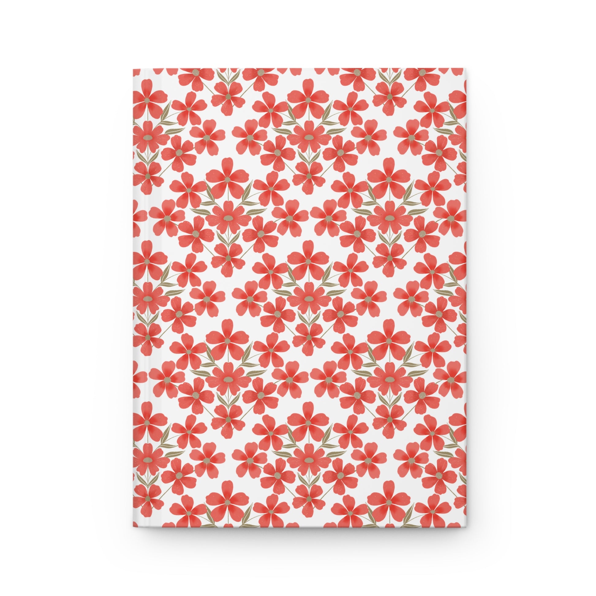 A HARDCOVER JOURNAL, MATTE, RULED, 5X7, SEWN BIND, CLEAN-TEAR PAGES - FLORAL GRID features a durable cover with a red floral pattern, offering crisp, tearable lined pages for flexible writing.