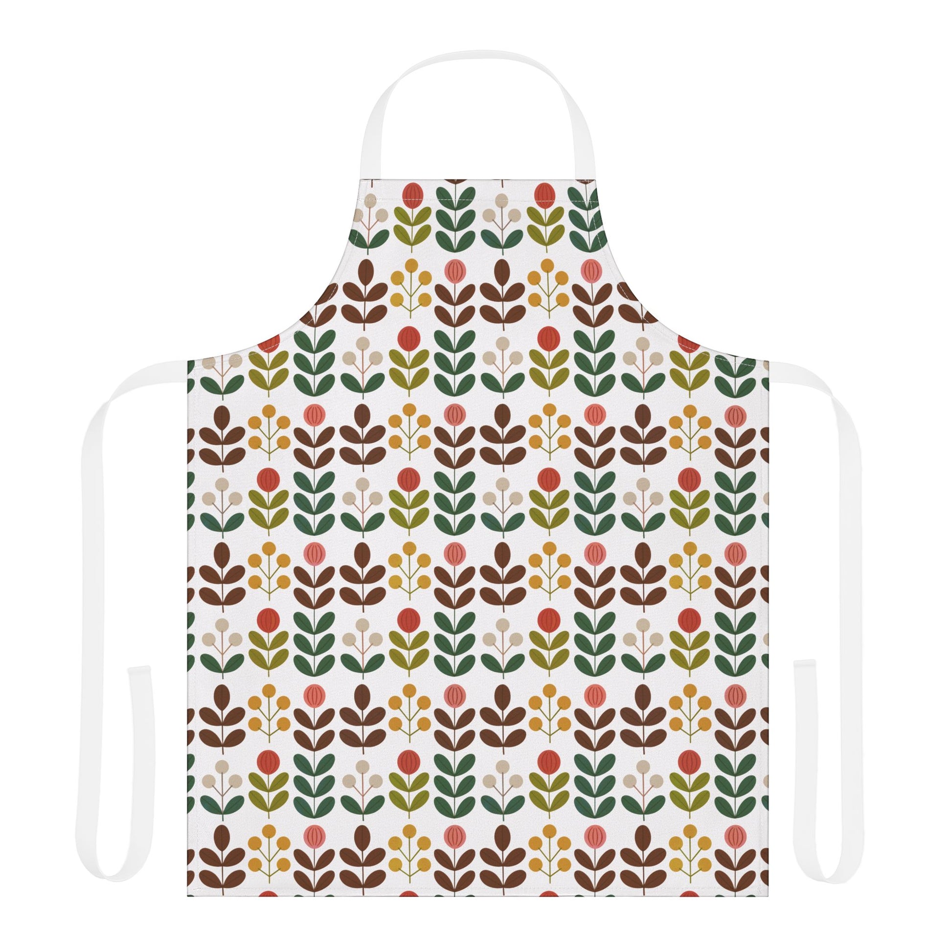 Flower Pattern Apron: A vibrant apron featuring a floral design, perfect for creative cooks and artists, offering comfort and protection with its polyester canvas and tie-back closure, enhancing any kitchen or studio setting.