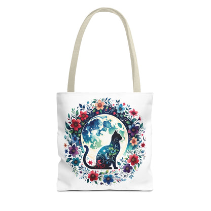 Lone Cat Under the Moon Tote Bag features a whimsical cat design, ideal for feline lovers. Made of durable polyester with reinforced handles, it's perfect for errands or beach trips.